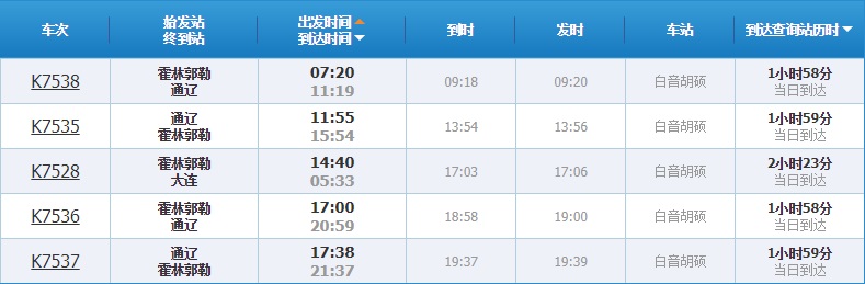 白音胡硕火车站列车时刻表