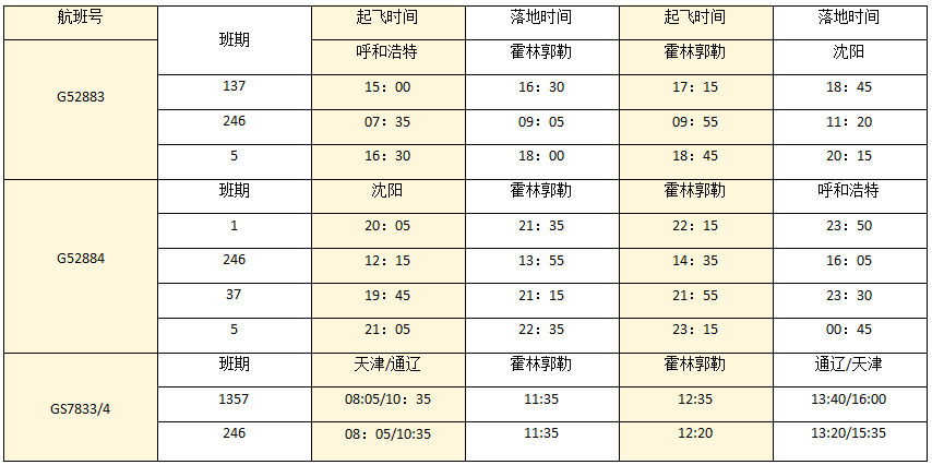 霍林郭勒机场（霍林河机场）航班时刻表